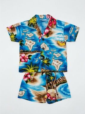RJC Hawaiian Aloha Shirt Shorts Set Island Map Floral Tropical 12M